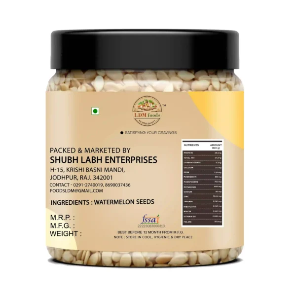 Nutrition label showing watermelon seeds with 10g protein, 35% iron per 30g